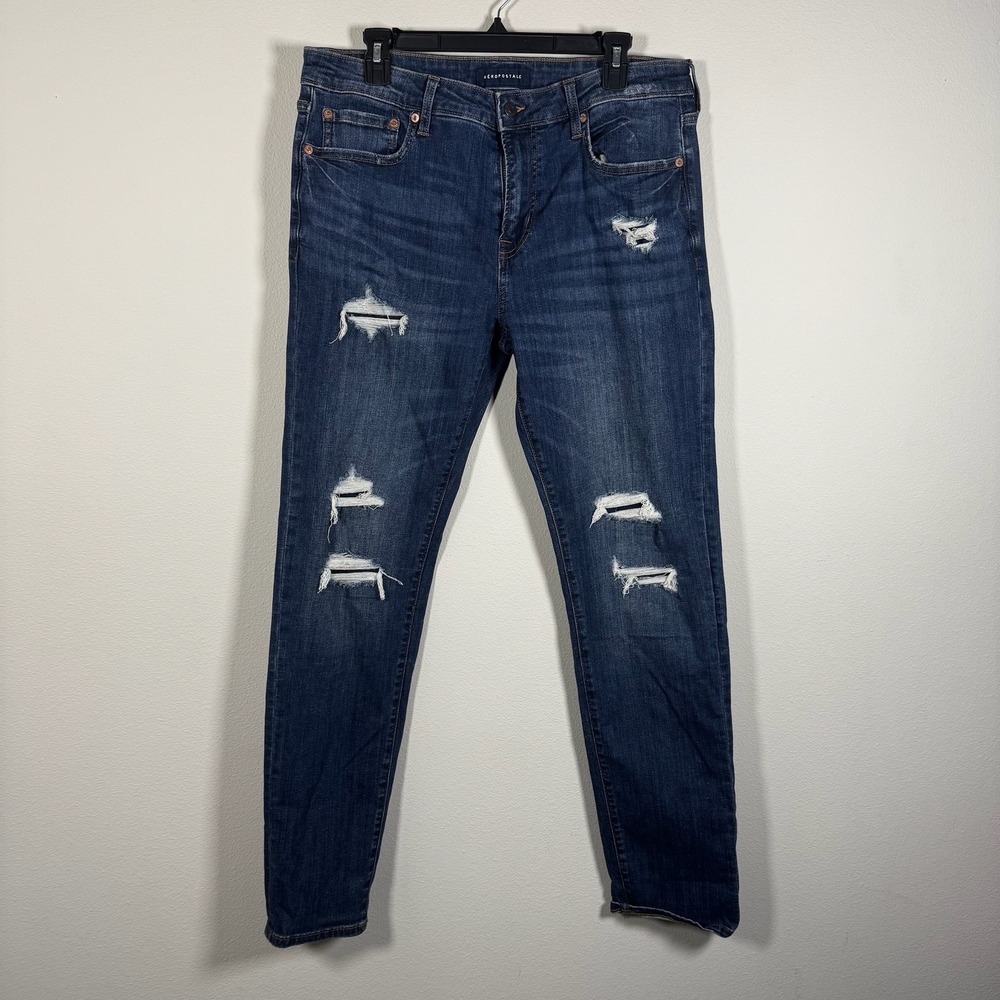 Aeropostale Mens Slim Fit Distressed Jeans Dark Wash Ripped Denim 34/34